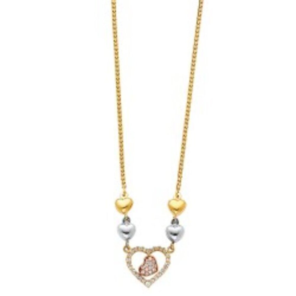 Solid 14K 3 color Gold CZ Heart Necklace 17 Chain